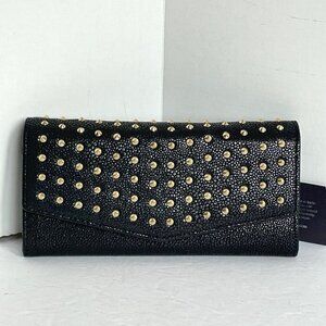 Brian Atwood Clutch Chain Wallet Small Black Leather Crossbody Gold Studded